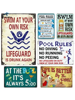 Предупреждающие знаки для бассейнов, лозунги для плавания, рекламные щиты, металлические плакаты, украшение настенных панелей с логотипом в стиле ретро